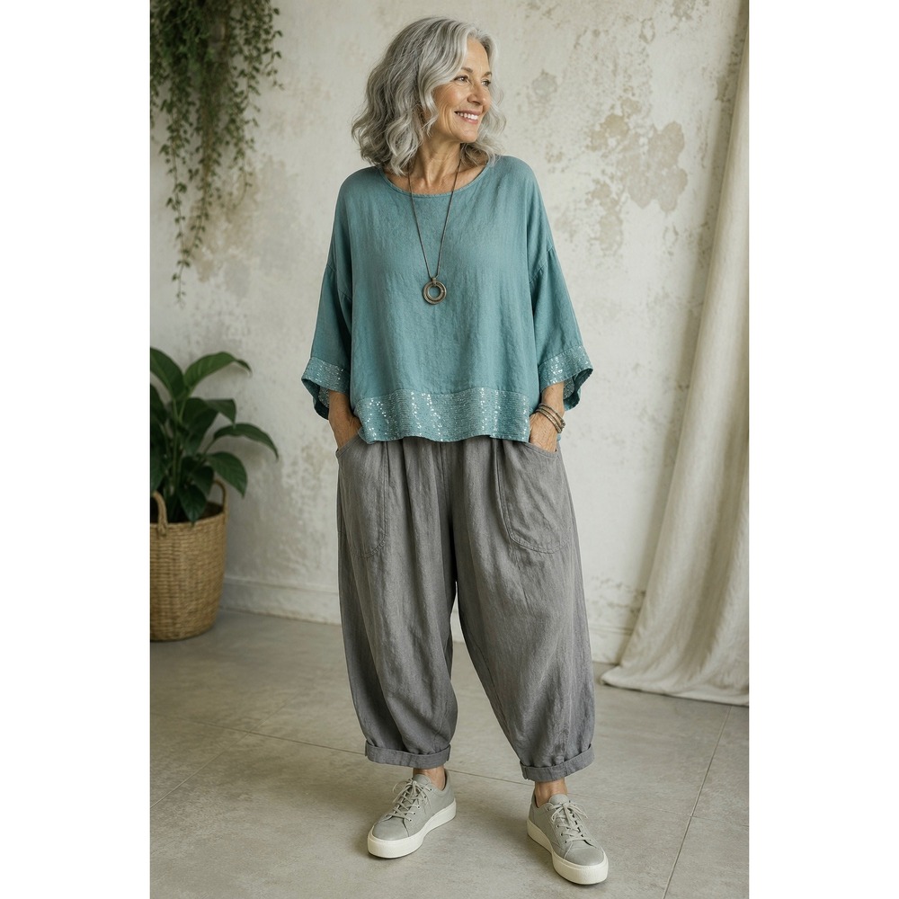NEW Bellambra 100% linen sequin embellished boxy top blouse Size S teal green‎